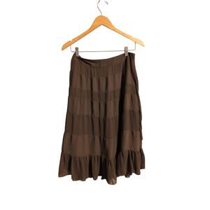 Brown Flowy Midi Maxi Skirt Size 12 Side Tie & Zip Silk-Like